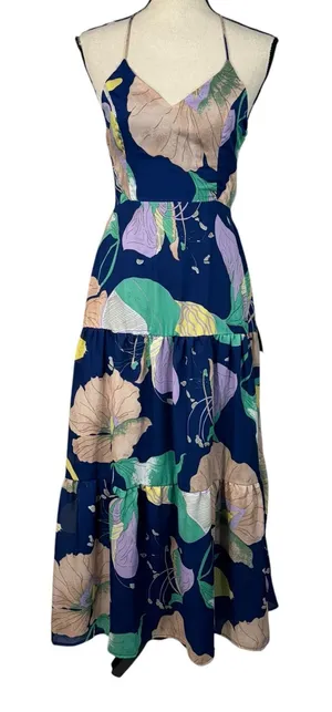 Lulus X-Small Halter Maxi Dress Floral Lined V-Neck Tiered Open Back Blue Multi thumbnail 1