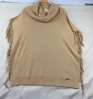 Michael Kors Size M Camel Fringe Knit Poncho Sweater Western Layering Boho thumbnail 1