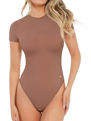 NWT Popilush Short Sleeve Tummy Control Thong Bodysuit Crew Neck Brown XL thumbnail 1
