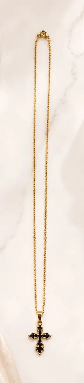 Gold plated Cross Pendant Necklace Black Inlay cute religious preppy gift 18 in thumbnail 1