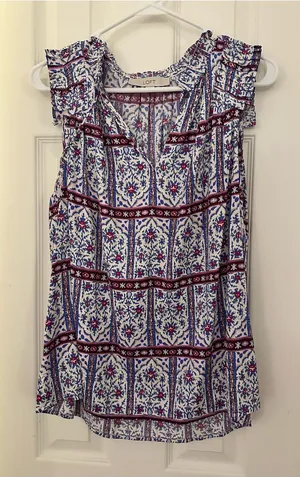 LOFT Printed Sleeveless Top - White with Blue & Burgundy thumbnail 1