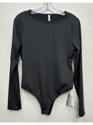 NWT Halara Round Neck Long Sleeve Bodysuit Size large Black Bodycon Stretch Fit thumbnail 6