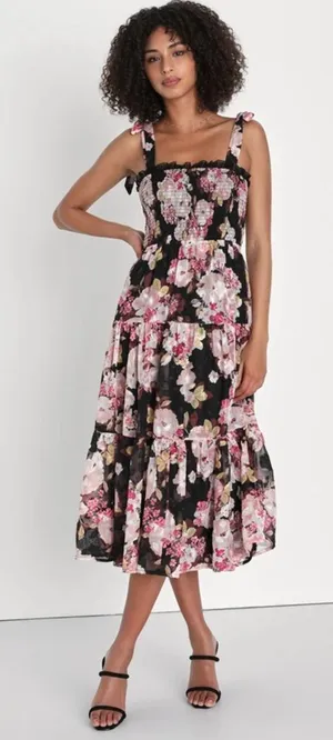 Lulus Wowing Wonder Black Floral Jacquard‎ Smocked Tie-Strap Tiered Midi Dress thumbnail 1