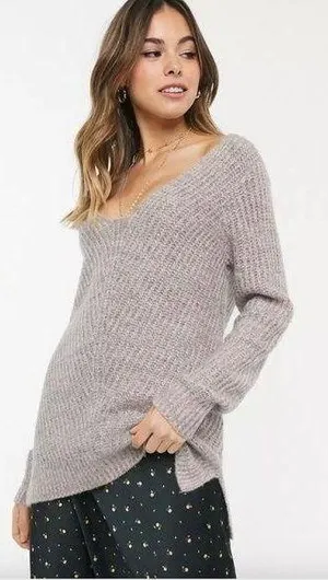 Abercrombie V-Neck Knitted Sweater in Rib - Pink/Grey Marl - M thumbnail 1