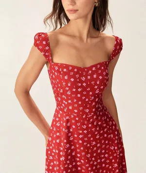 Rihoas Red Floral Sweetheart Neck Cap Sleeve Midi Dress thumbnail 3
