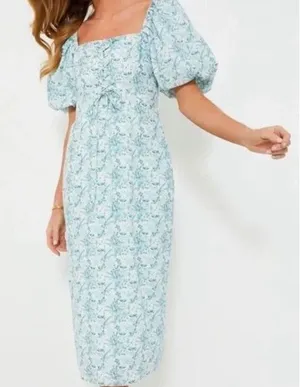 Tuckernuck Hyacinth House Teal Floral Lace-Up Lila Midi Dress Size Small thumbnail 1