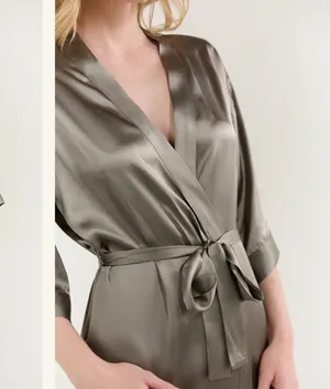 Women’s Pure Silk Mid-Length Robe In Olive Green thumbnail 2