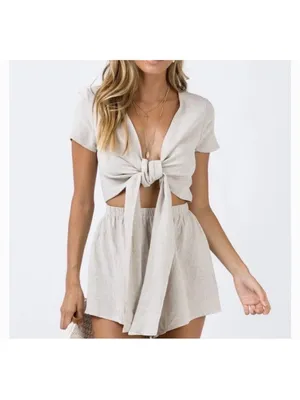 Princess Polly‎ Natural Beige Linen Romper thumbnail 2