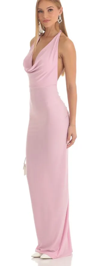 Lucy in the Sky Gathered Back Halter BodyCon Maxi Dress in Pink thumbnail 1