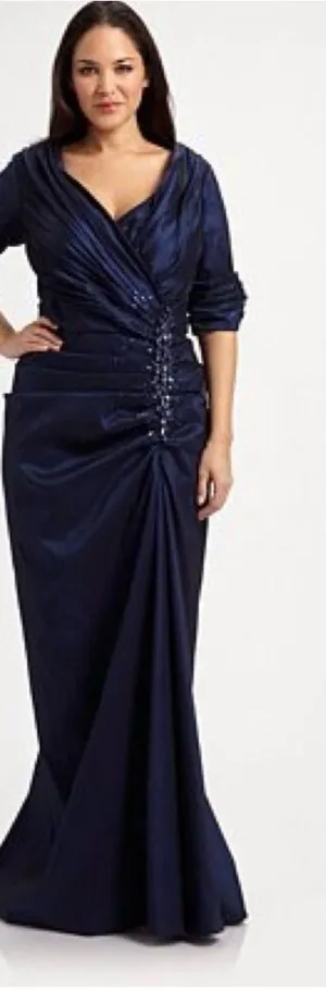 Tadashi Shoji Side Ruched Jeweled Beaded Long Maxi Gown Dress Navy Blue 8 thumbnail 1