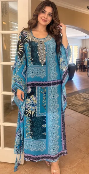 New York & Company Blue Patchwork Embellished Maxi Dress with belt thumbnail 1