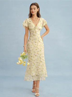 Rihoas Yellow V Neck Lace Floral Maxi Dress thumbnail 4