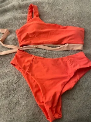 Orange and pink One-Shoulder Bikini Set side tie high waisted bikini thumbnail 1