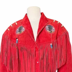 Vintage Red Suede Fringe Jacket Eagle Beaded Western Southwestern Women’s Large thumbnail 3
