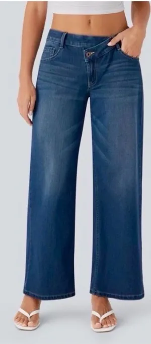Halara Flex Denim Asymmetric Low Rise Button Zip Wide Leg Jeans Womens Large thumbnail 1