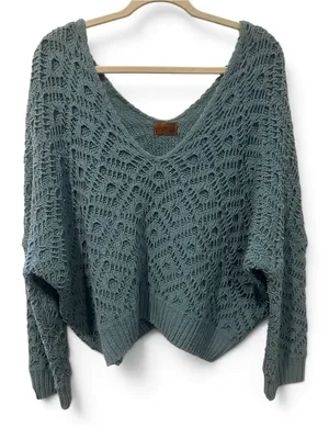 POL S Oversized V-Neck Knit Sweater in Teal thumbnail 2