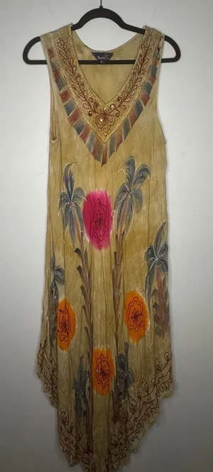 Riviera Sun Tropical Boho Embroidered Sequin Handkerchief Hem Dress L thumbnail 1