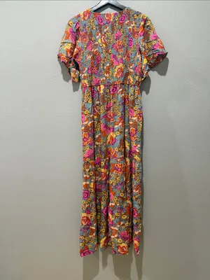 Bright Fushia Floral Print Short Sleeve Smocked Top Tiered Maxi Dress Size L thumbnail 4