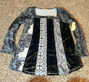 One World Womens Patchwork Paisley Square Neck Long‎ Sleeve Top M thumbnail 1