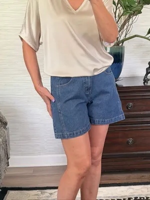 Pearl Ivory Satin Front Knit Back Oversized V Neck Blouse thumbnail 5