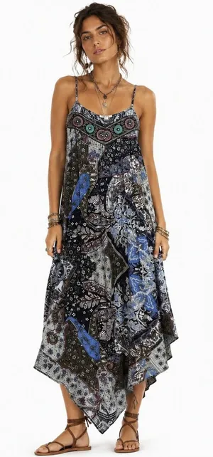 Ganji LA Boho Paisley Handkerchief Hem Maxi Dress Multi Color Festival Size S thumbnail 1