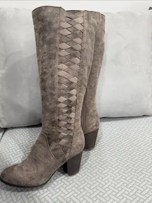 Fergalicious Taupe Suede Over-the-Knee Woven-Panel Boots Size 7.5 thumbnail 6