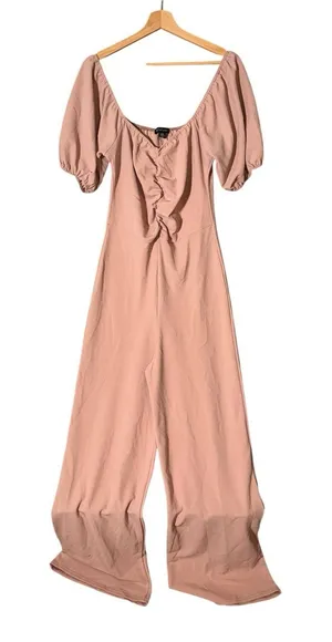 PrettyLittleThing Mauve Jumpsuit Size US 12 Puff Sleeve Ruched Bust Wide Leg NEW thumbnail 1