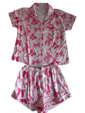 Women's Two Piece Short Sleeve and Shorts Pajamas Pink Size M #260256 thumbnail 1