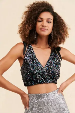 Free People Black Big Night Sequin Crop Tie Shoulder Top‎ Size Small thumbnail 1