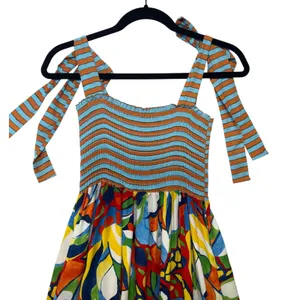 Bucketlist Abstract Floral Smocked Maxi Dress Small Multicolor Tie Strap‎ D4142 thumbnail 4