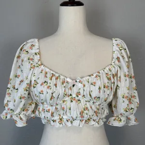 For Love & Lemons Lola Pointelle‎ Crop Top Size L White Floral Short Puff Sleeve thumbnail 2