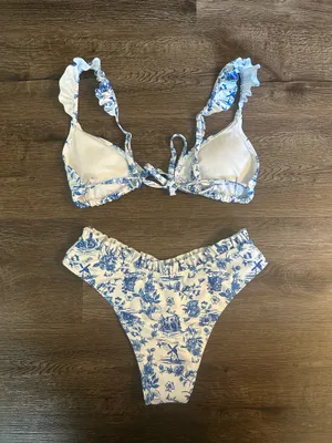 Blue/White Toile Floral Print Bikini Set Blue thumbnail 4
