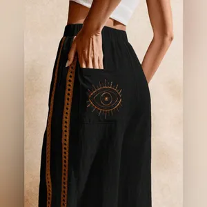 New Evil Eye Boho Wide Leg Pants In Black & Tan Combo thumbnail 3