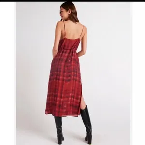Bella Dahl V-Neck Tencel Plaid Slip Midi Dress in Burgundy Red | Size Small thumbnail 2