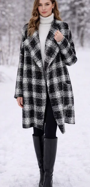 Jealous Tomato Black & White Plaid Open Front Overcoat / Coatigan - Size Small thumbnail 1