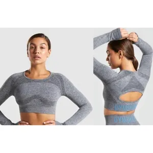 Gymshark Flex Crop Top S/M Grey Long‎ Sleeve Seamless Open Back Thumbholes thumbnail 2
