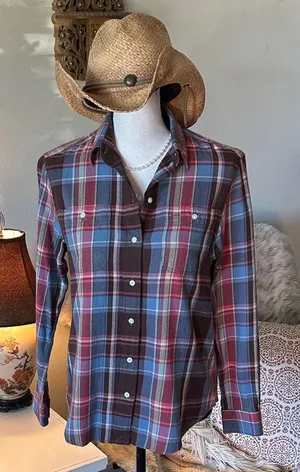 Ralph Lauren, brown blue rose plaid button-down, cotton western shirt S​​ thumbnail 1