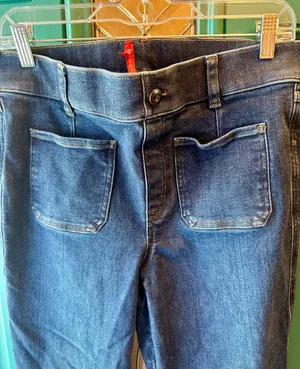 Spanx Authentic 360 Easy Flare Jeans High Rise Front Patch Pocket Blue Large thumbnail 5