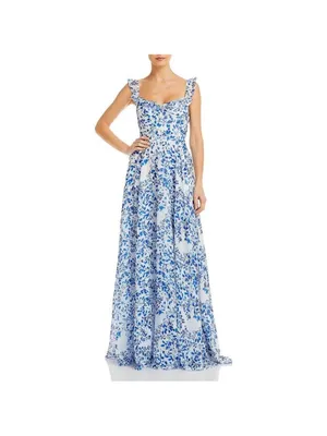 NWT Sau‎ Lee Womens Evangeline Blue Chiffon Printed Evening Dress Gown Size 10 thumbnail 3