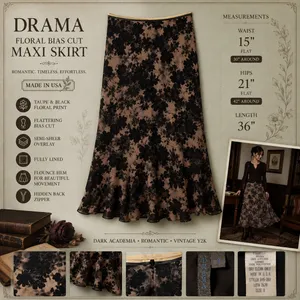 VTG Drama Floral Bias Cut Maxi Skirt 8 Taupe Black Made USA‎ Dark Academia thumbnail 11