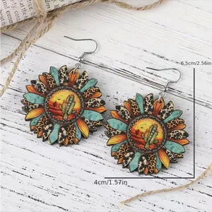 Sunflower shaped pendant drop‎ leopard pattern wooden hook earrings thumbnail 8