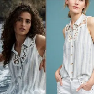 Anthropologie Maeve Edinboro Linen Top blue white‎ sz M thumbnail 2