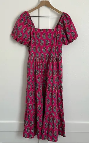 J. Crew Pink Floral Puff Sleeve Midi Dress thumbnail 1