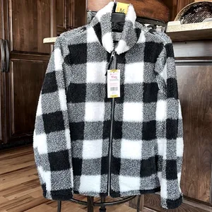 Sherpa Cozy Jacket Fluffy Zip Black White Buffalo Checkerboard Comfy Womens M thumbnail 5