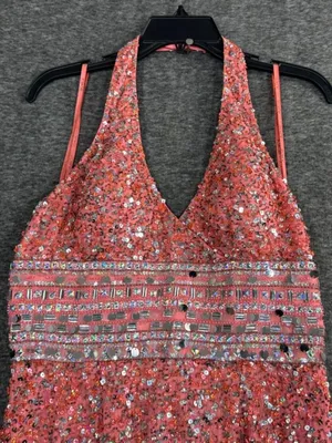 Vintage Y2K Scala Pink Beaded Sequin Halter Mini Dress 100% Silk Size 10 thumbnail 4