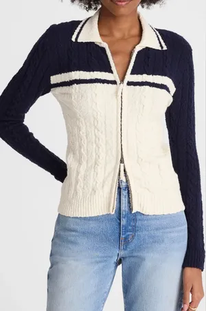 Madewell Cable Knit Zip Cardigan Sweater Collar Navy Medium thumbnail 1