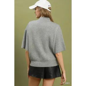 Umgee Mock Neck Short‎ Sleeve Knit Sweater Top - H. Grey - medium thumbnail 3