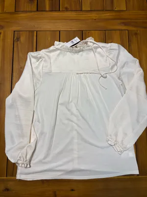 LOFT Women's Cream Ruffle Neck Tie Long Sleeve Blouse Size S CottageCore thumbnail 5