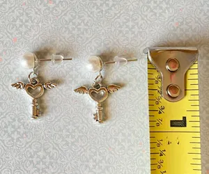 Handmade pearl & angel heart key simple Kawaii y2k fairy dangle earrings thumbnail 2