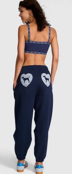 PINK Victoria's Secret Navy Blue Heart Dog Graphic Jogger Sweatpants Large thumbnail 1